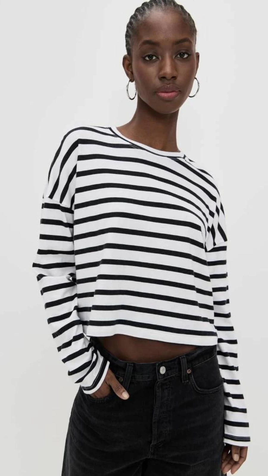 ASKK NY Women's Striped Cropped Long Sleeve T-Shirt - Casual Fashion Top