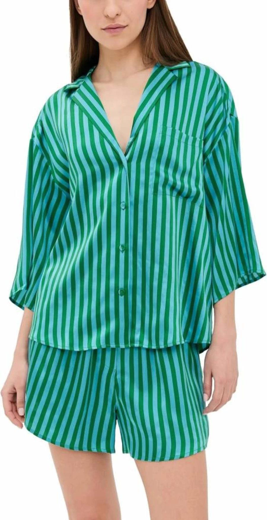 Lunya Women's Washable Silk Relaxed Button-Up Shirt and Shorts Lounge Set