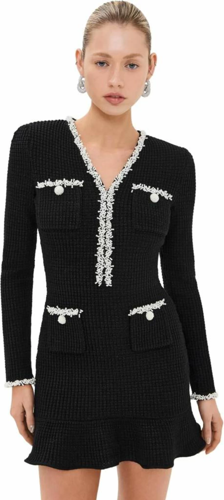 Self Portrait Black Pearl Embellished Knit Mini Dress for Women