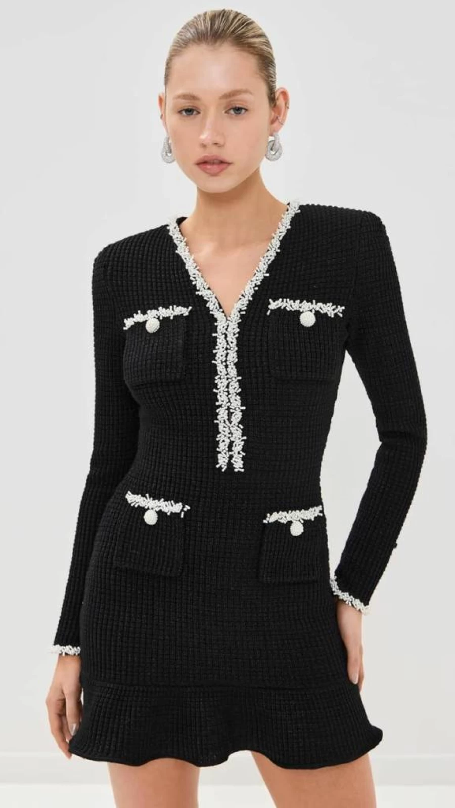 Self Portrait Black Pearl Embellished Knit Mini Dress for Women