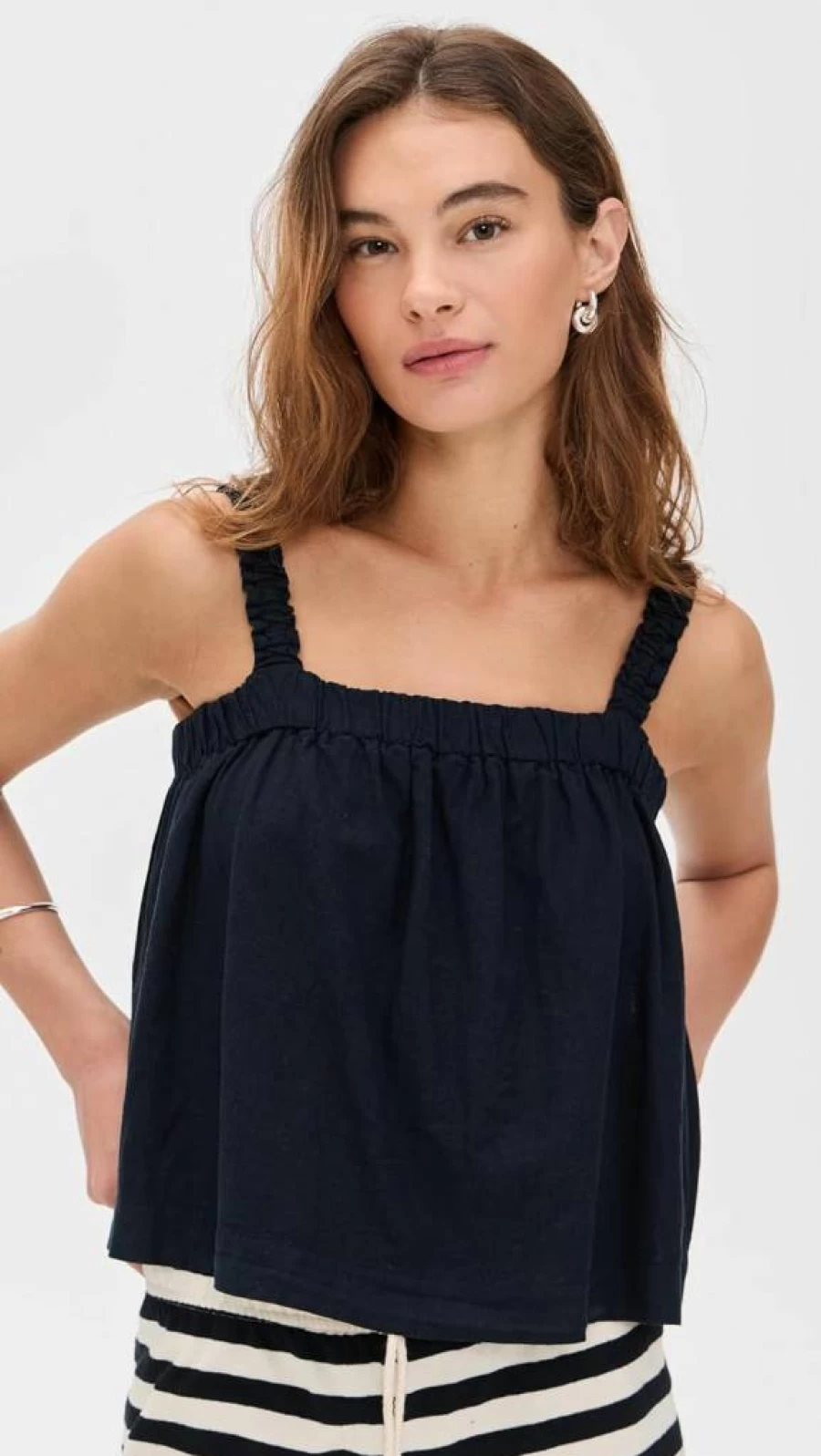 Stateside Women's Linen Ruched Shoulder Tank Top - Breathable Summer Blouse