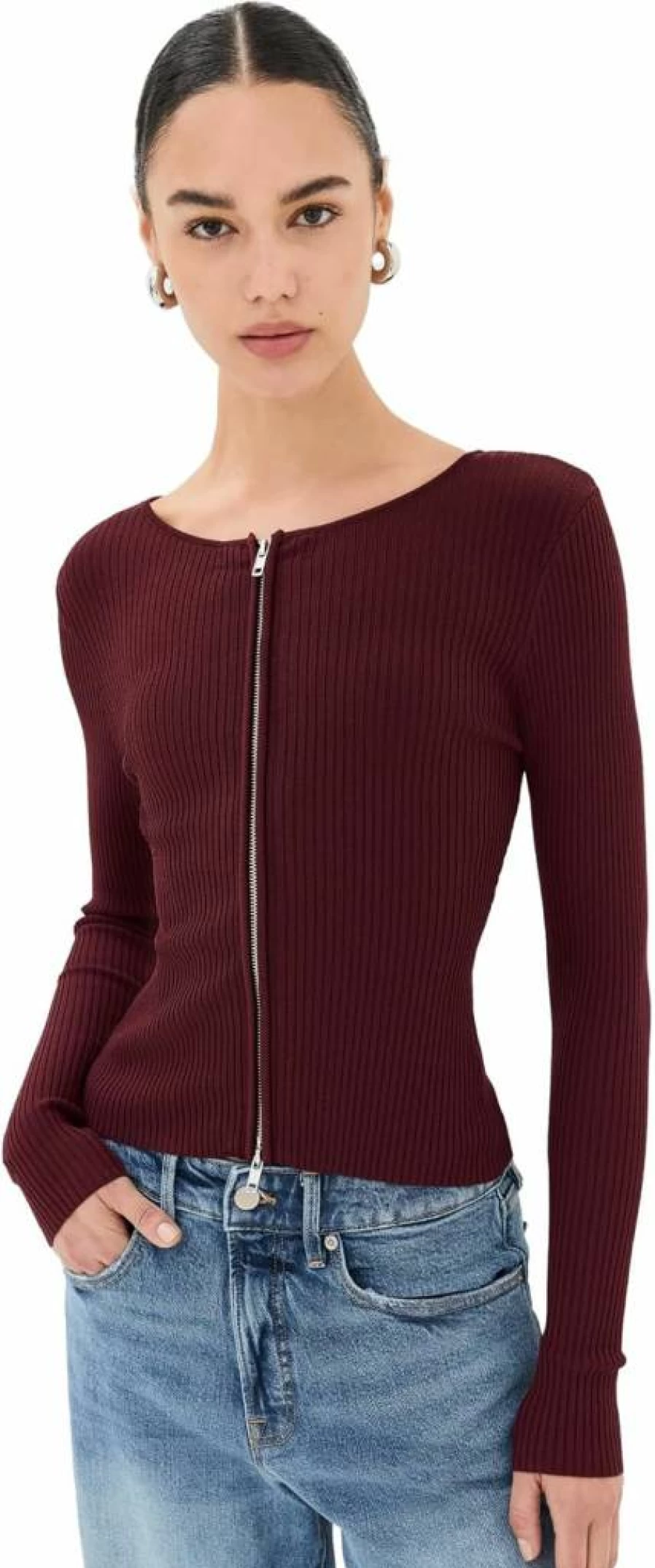 Good American Women's Virgo Ribbed Zip-Up Sweater Front Closure Knit Top