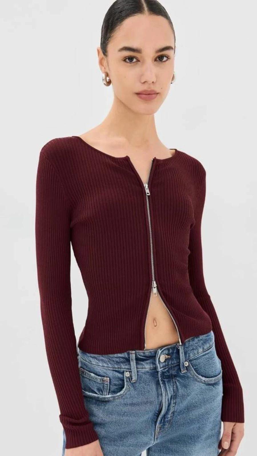 Good American Women's Virgo Ribbed Zip-Up Sweater Front Closure Knit Top