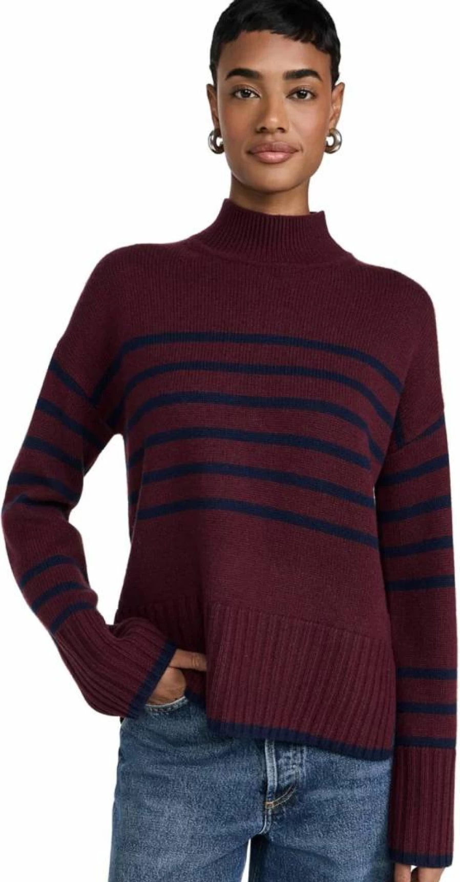 Stateside Women's Striped Mock Neck Sweater - Soft Casual Long Sleeve Pullover
