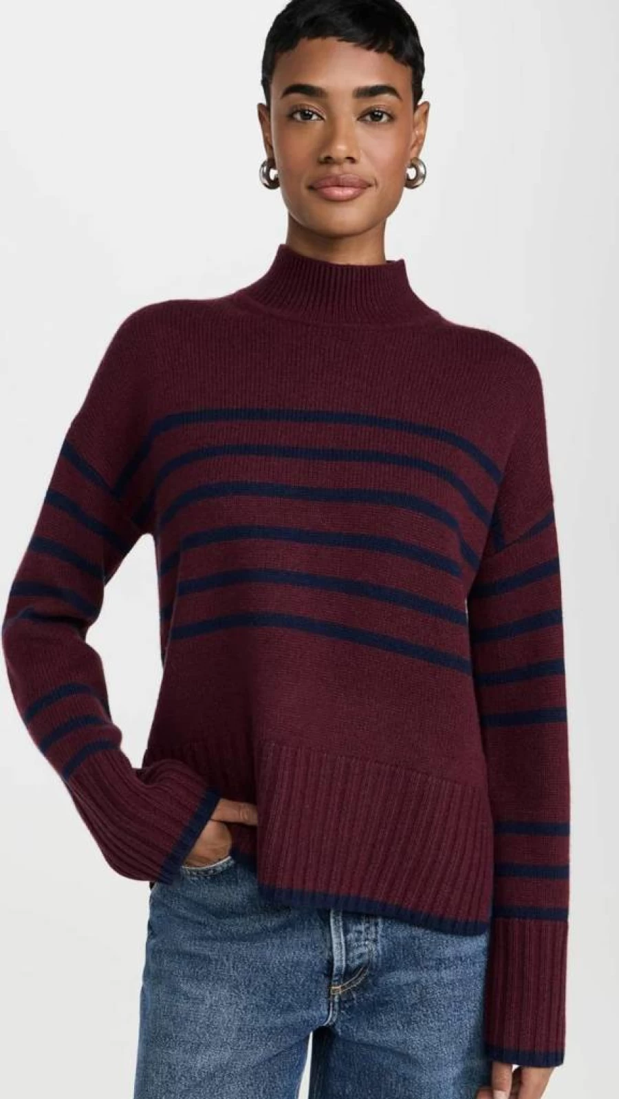 Stateside Women's Striped Mock Neck Sweater - Soft Casual Long Sleeve Pullover