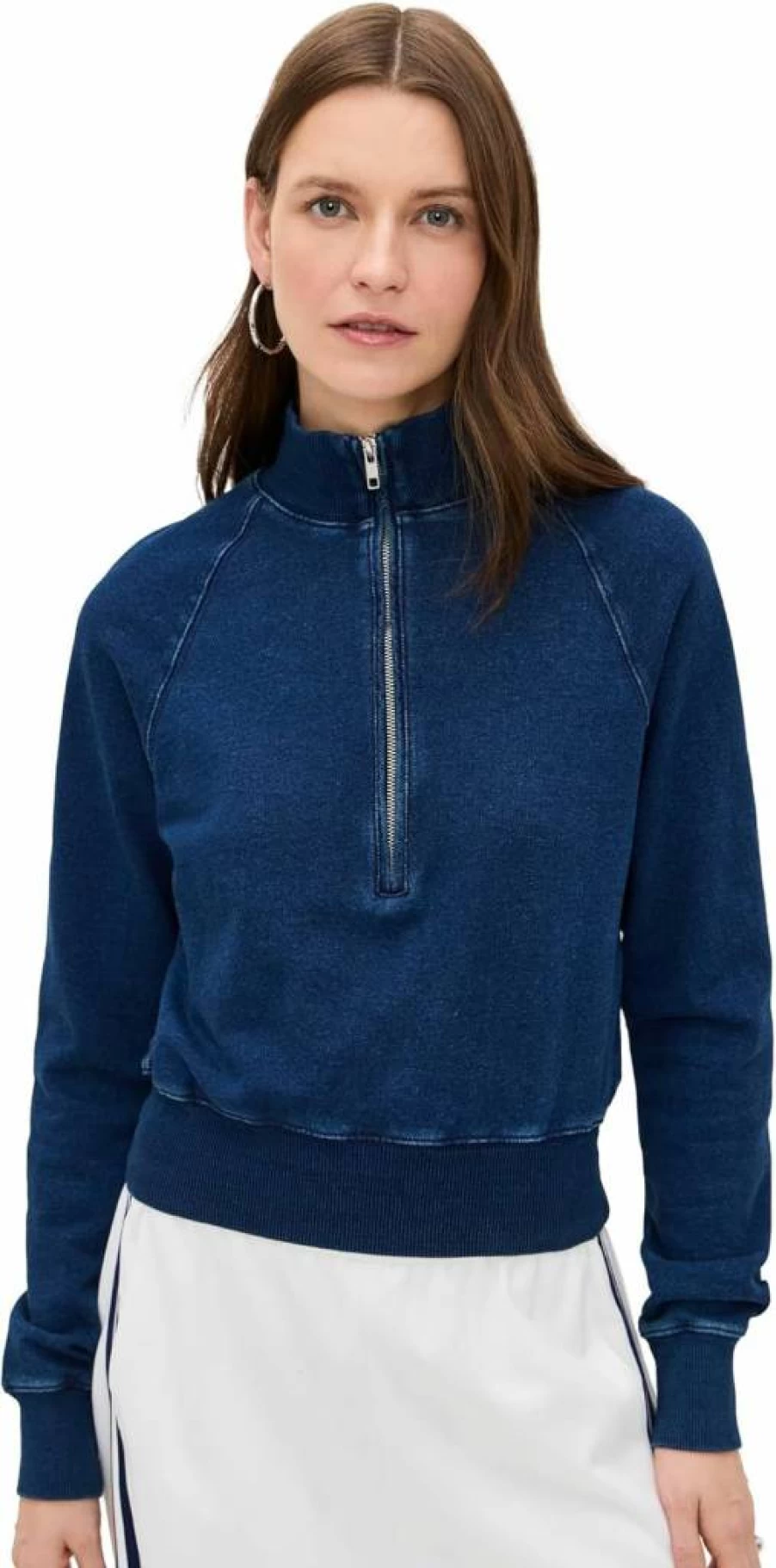 Good American Women's Jeanius Mock Zip Pullover Hoodie - Stylish Fleece-Lined Sweatshirt with Front Zipper Detail