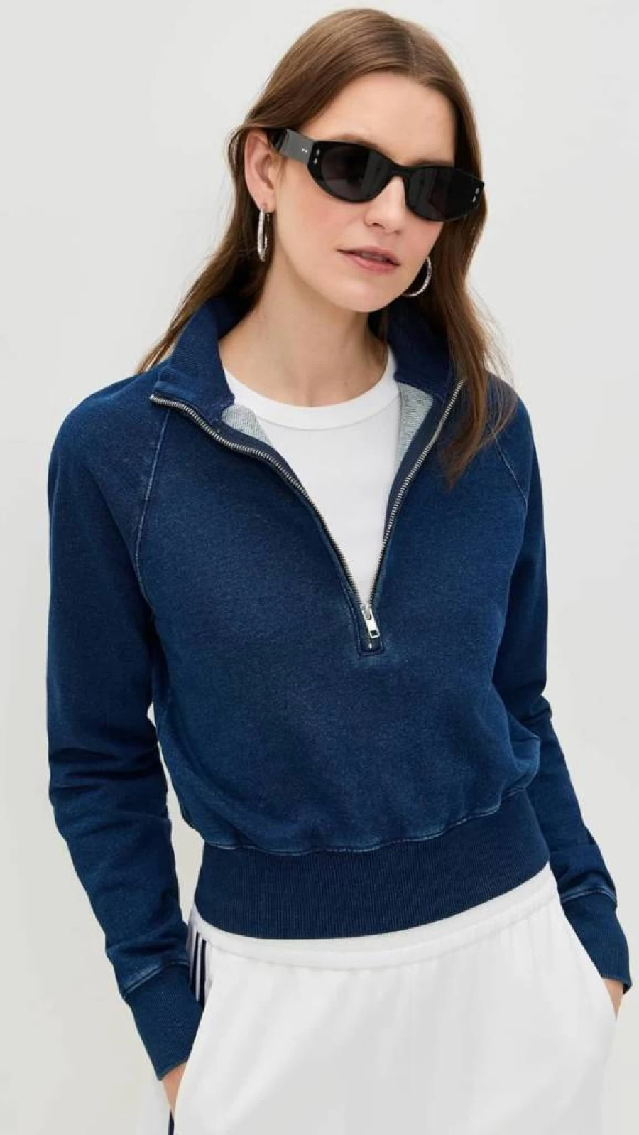 Good American Women's Jeanius Mock Zip Pullover Hoodie - Stylish Fleece-Lined Sweatshirt with Front Zipper Detail