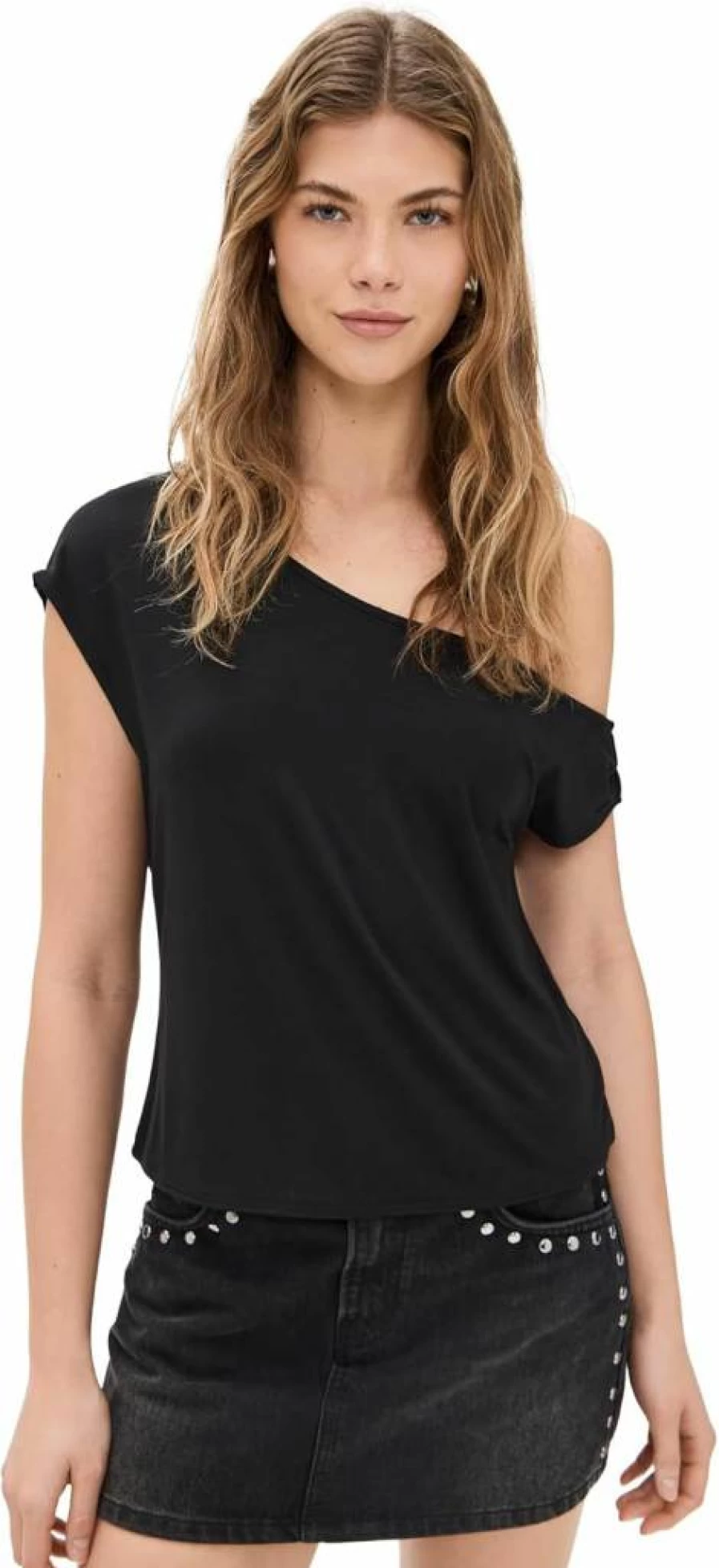 Good American Women's Asymmetric Stretch Jersey Top - Comfort Fit Casual Tee