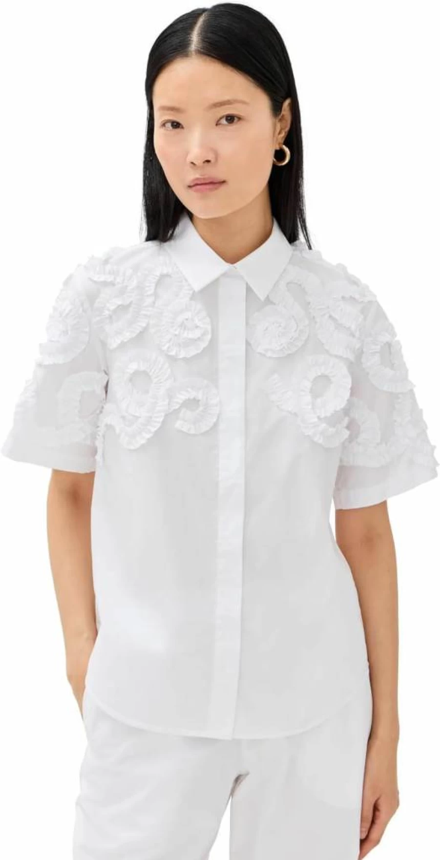 MEIMEIJ Women's Ruffle Detail Short Sleeve Button Down Shirt - Stylish Casual Blouse