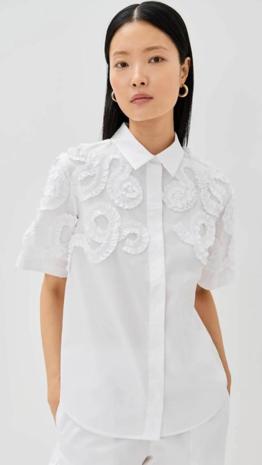 MEIMEIJ Women's Ruffle Detail Short Sleeve Button Down Shirt - Stylish Casual Blouse