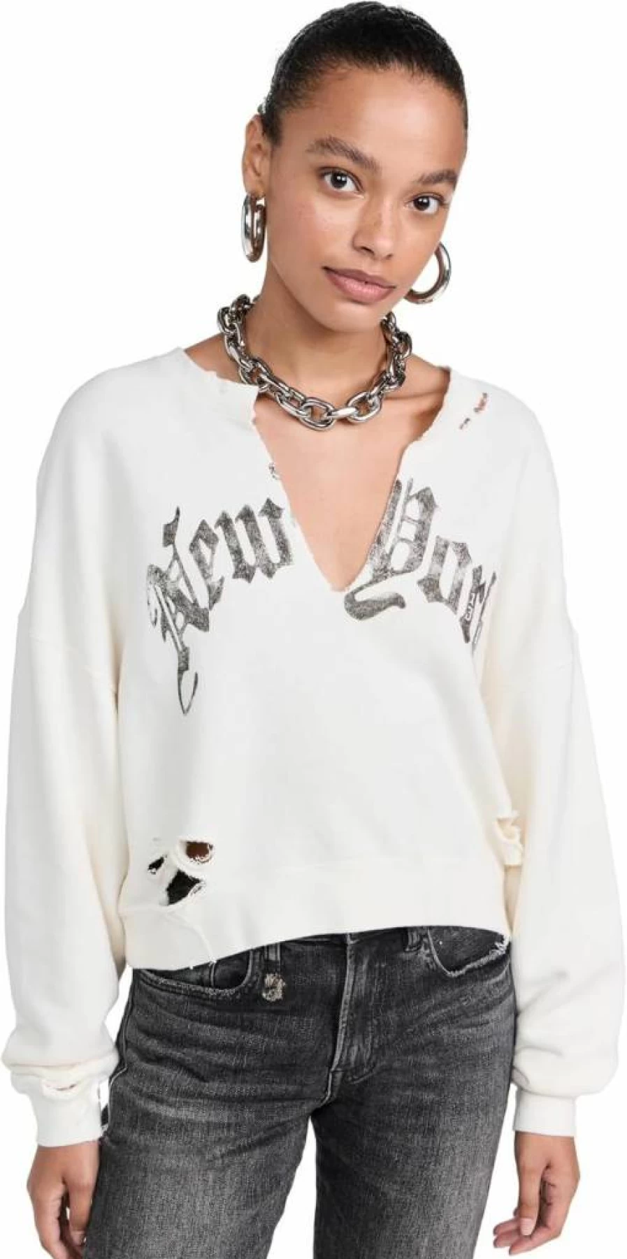 R13 Women's Cropped Crewneck Sweatshirt - New York Style with Front Slit Detail