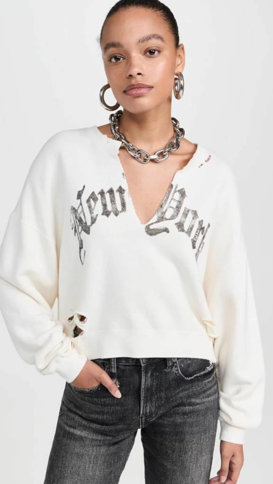 R13 Women's Cropped Crewneck Sweatshirt - New York Style with Front Slit Detail