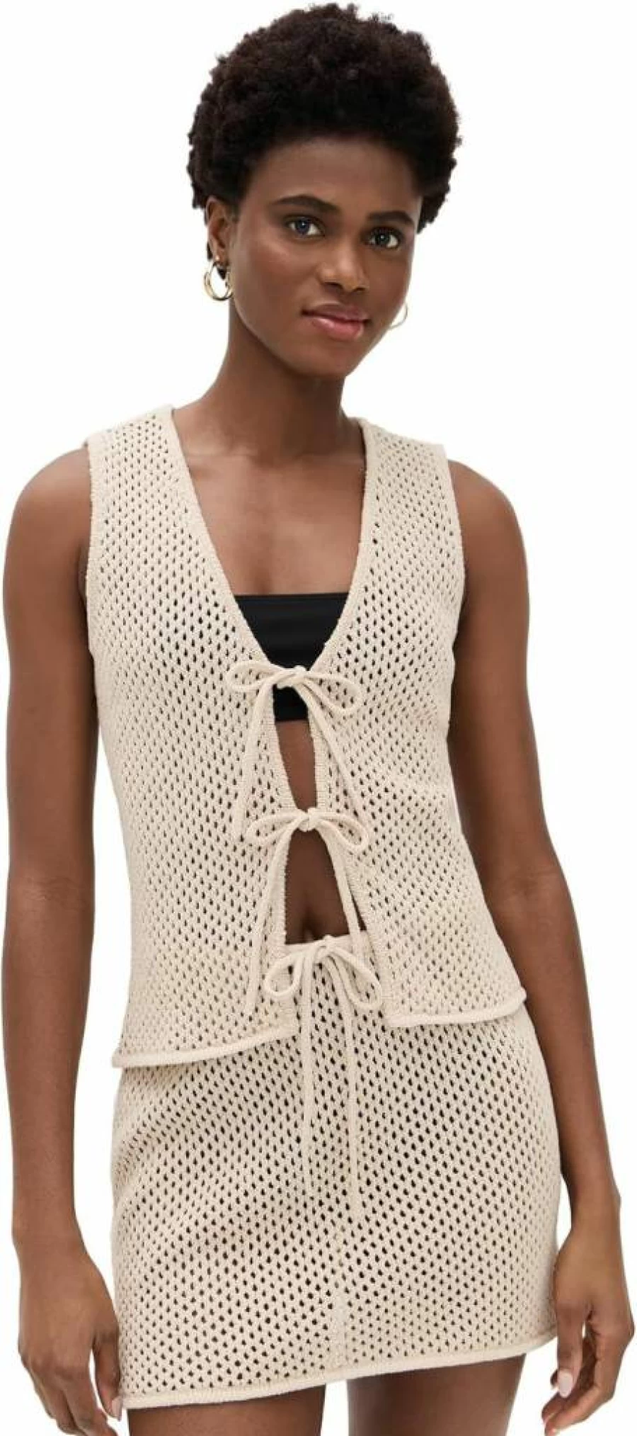 Onia Women's Crochet Knit Tie Front Top | Boho Chic Lace Summer Blouse
