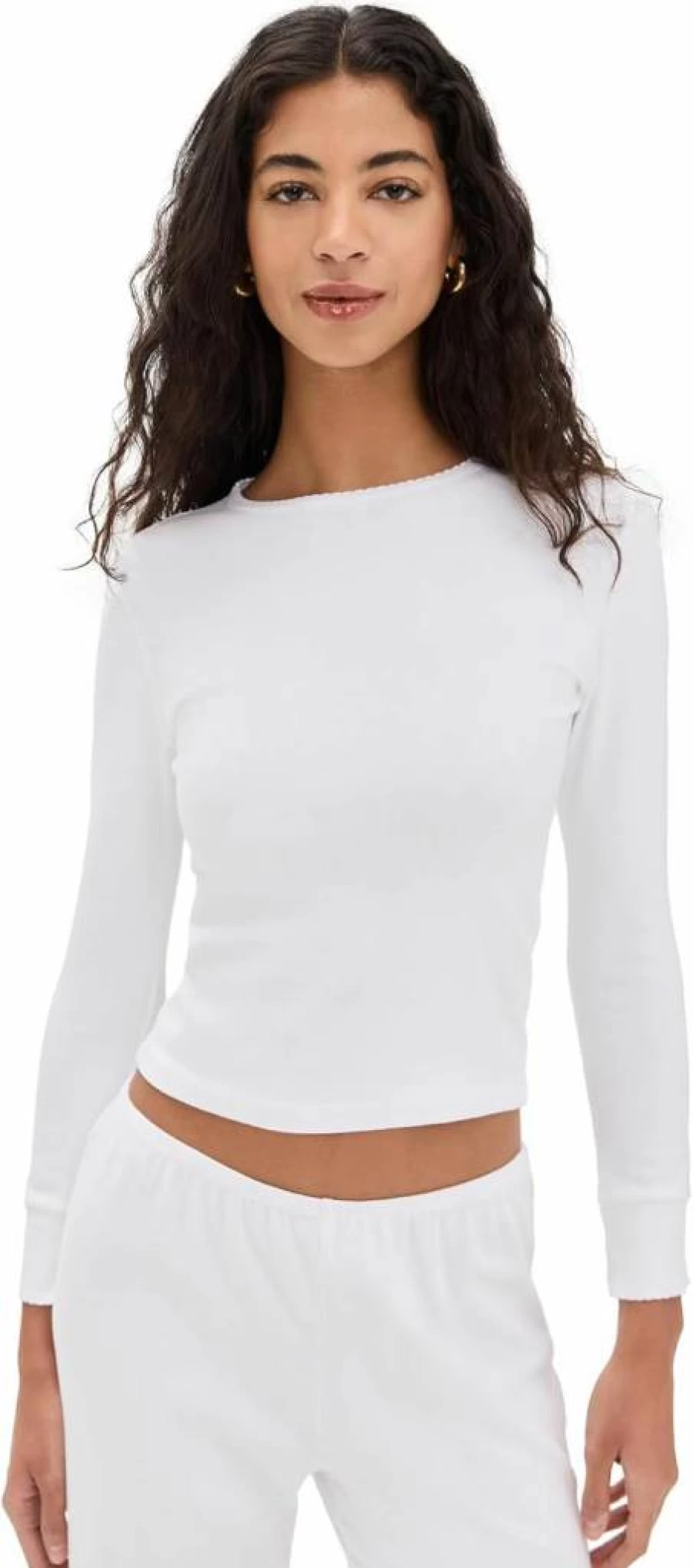 DONNI. Women's Baby Rib Knit Scallop Trim Long Sleeve Top