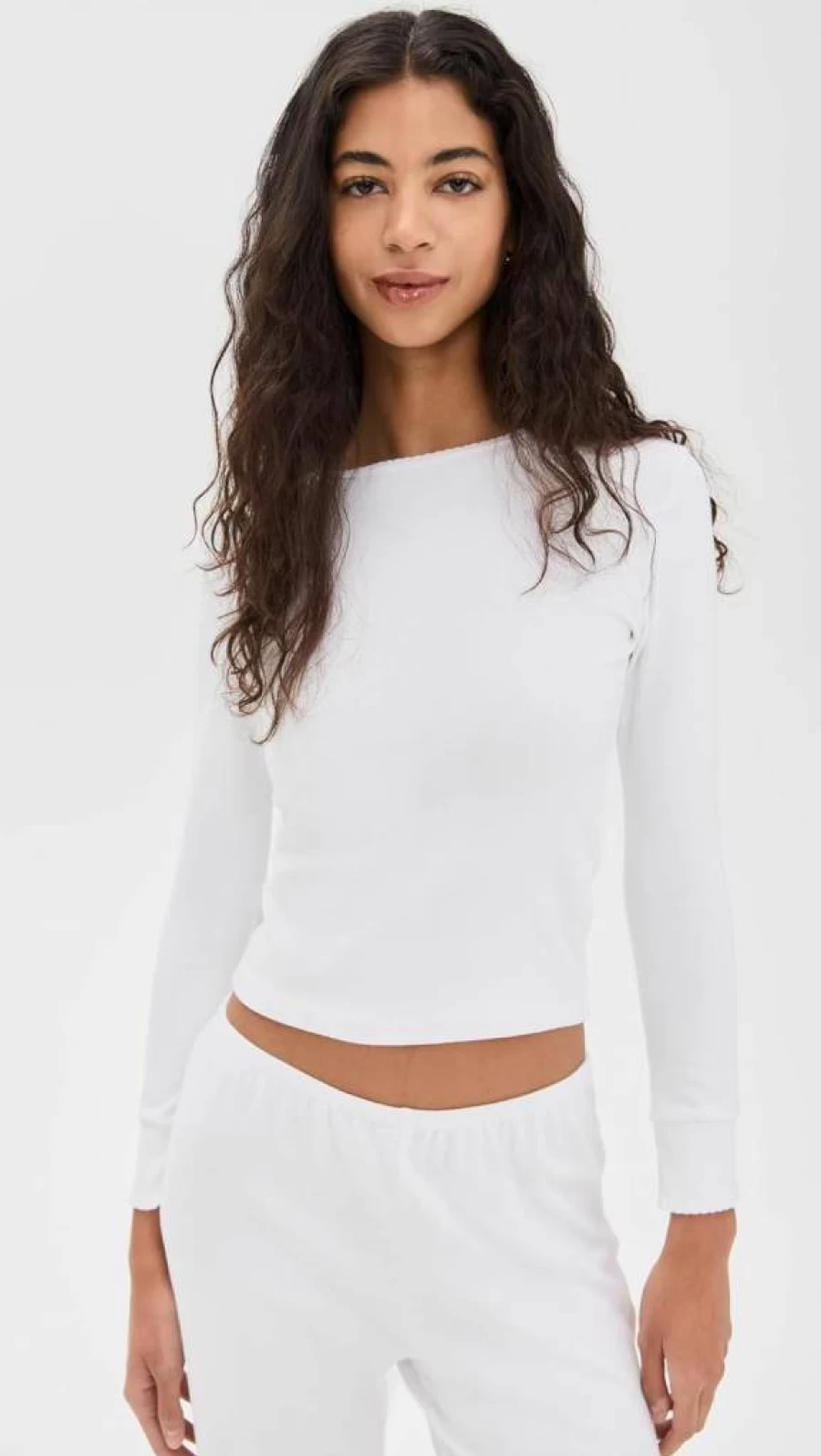 DONNI. Women's Baby Rib Knit Scallop Trim Long Sleeve Top