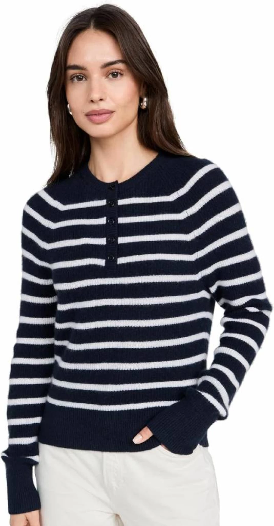 White + Warren Women's Cashmere Henley Sweater with Ribbed Detail and Button Front