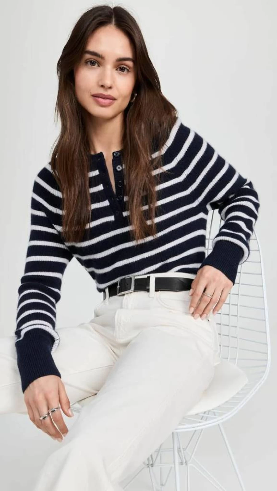 White + Warren Women's Cashmere Henley Sweater with Ribbed Detail and Button Front