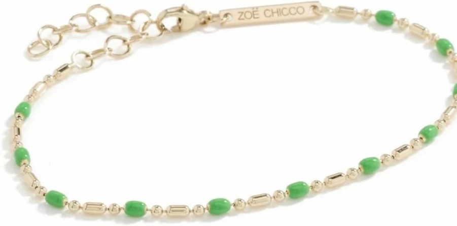 ZOE CHICCO 14K Gold Green Enamel Bar Bead Chain Bracelet for Women