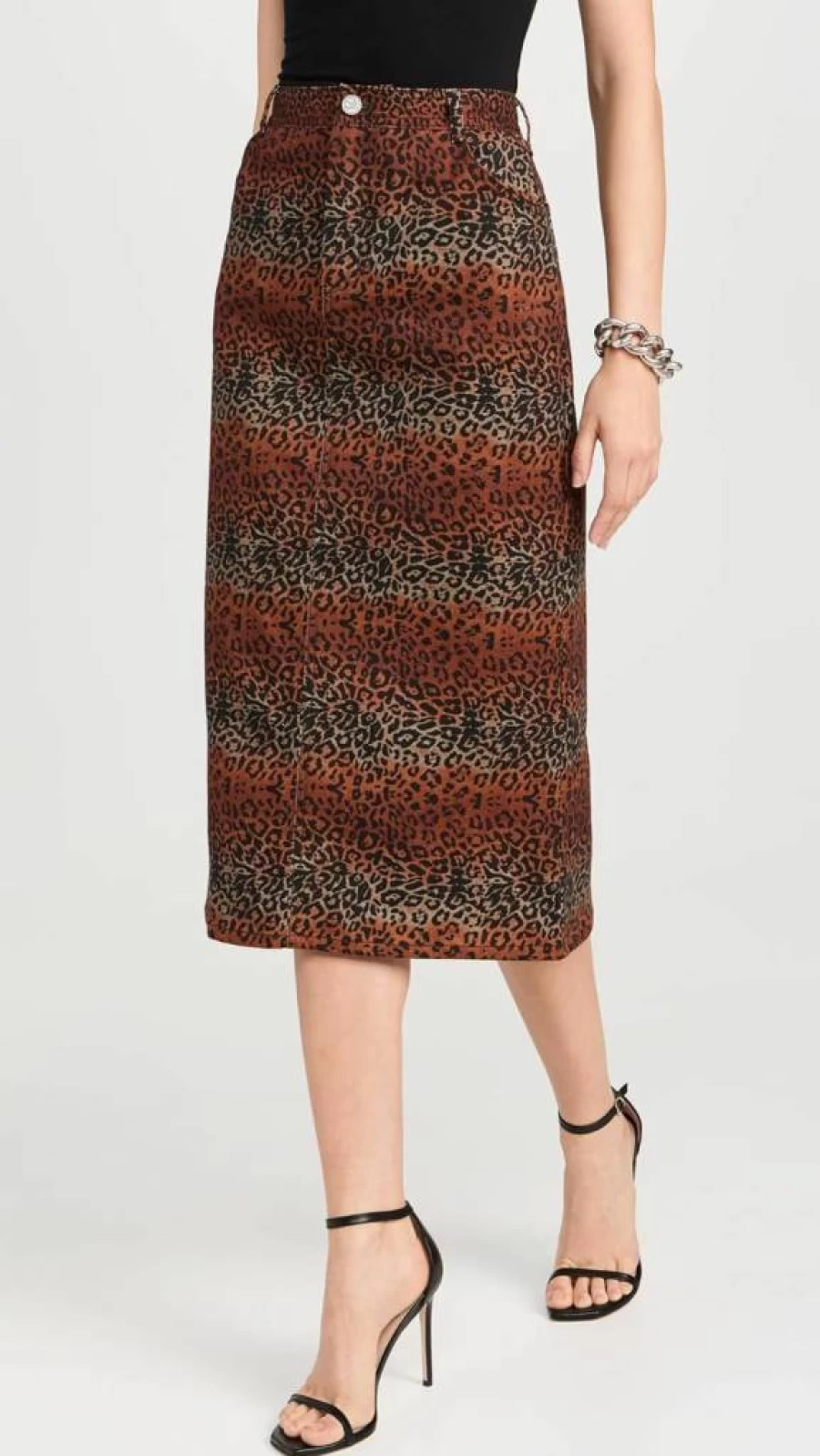 BruceGlen Women's High Waist Leopard Print Denim Skirt - A-Line Midi Length Retro Style