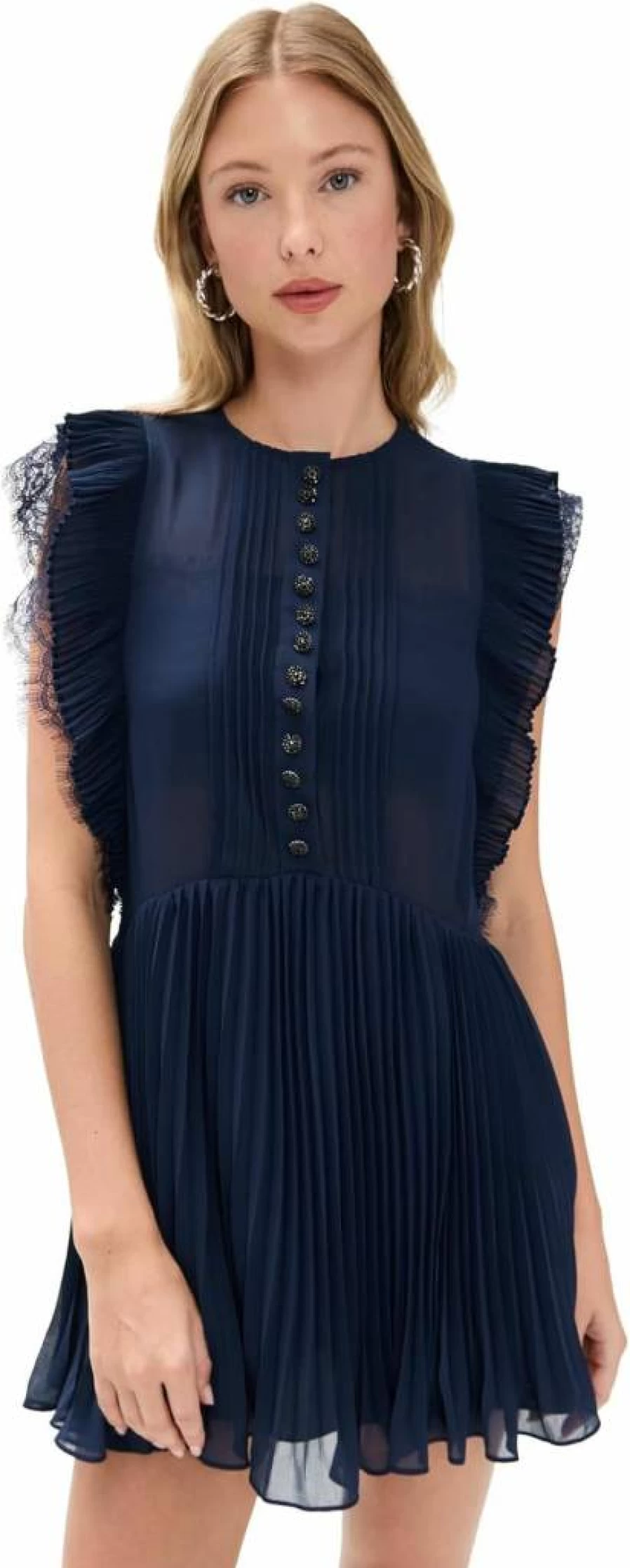 Self Portrait Navy Blue Chiffon Ruffle Mini Dress for Women