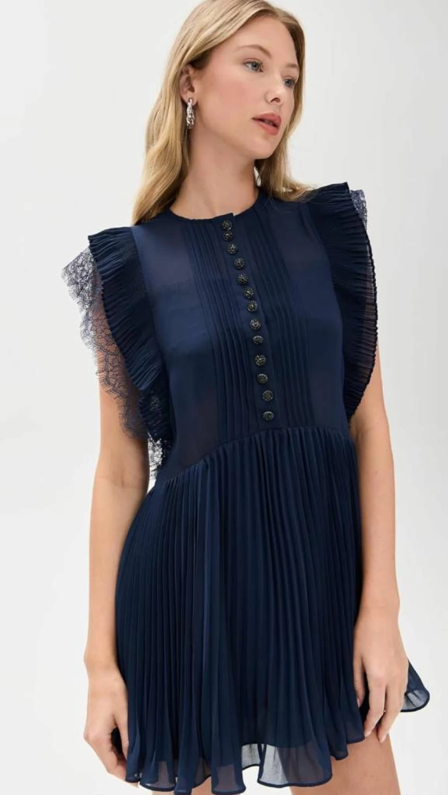 Self Portrait Navy Blue Chiffon Ruffle Mini Dress for Women