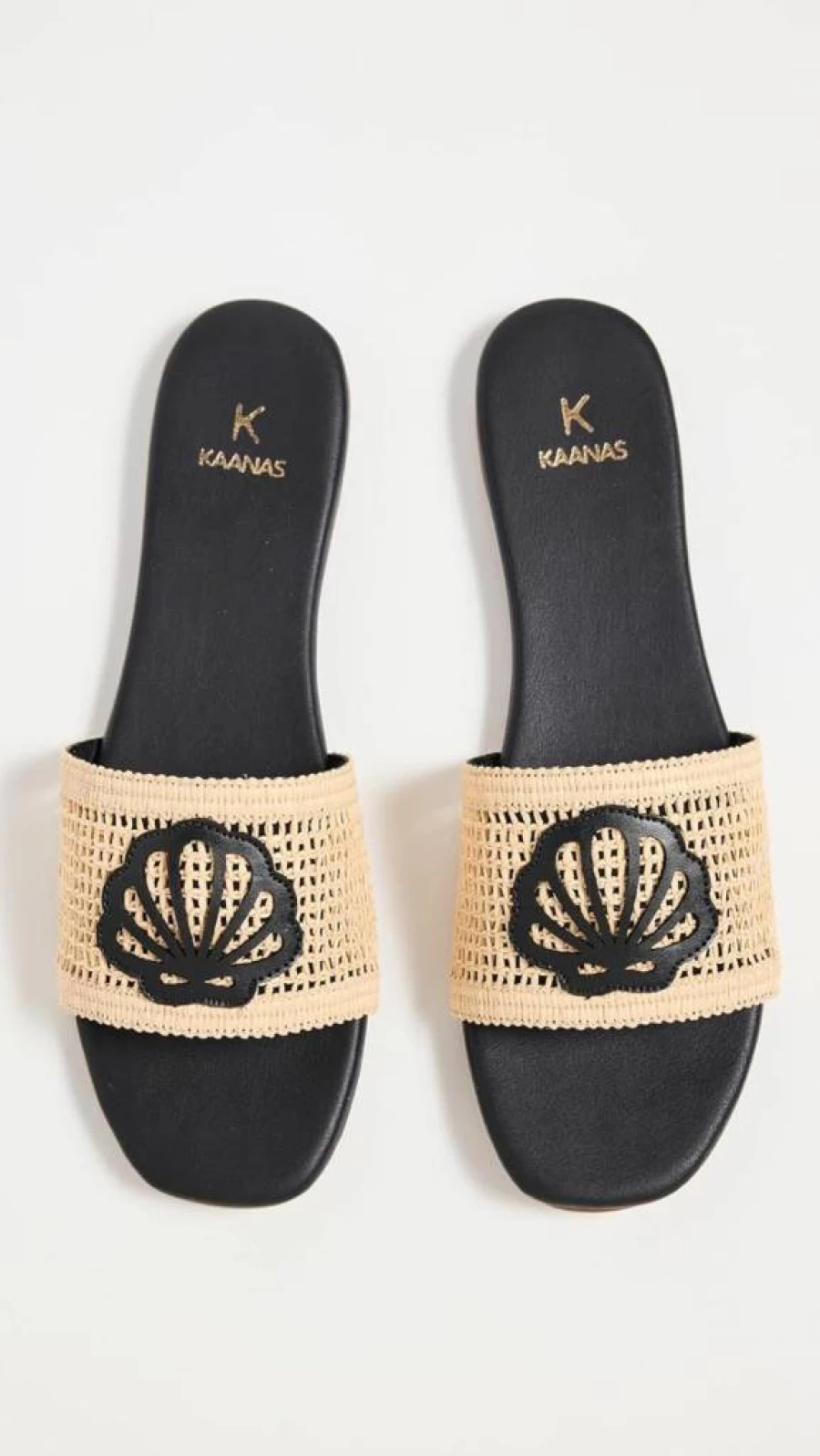 KAANAS Women's Meera Fishnet Slides with Contrast Leather Trim and Seashell Detail