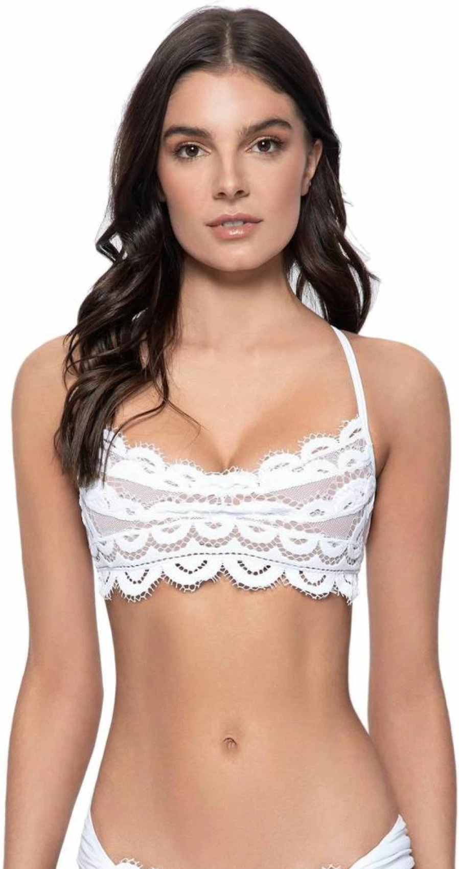 PQ Swim Women's Adjustable Cross Strap Lace Bralette with Removable Padding - Midnight Black Sexy Swimwear Bikini Top
