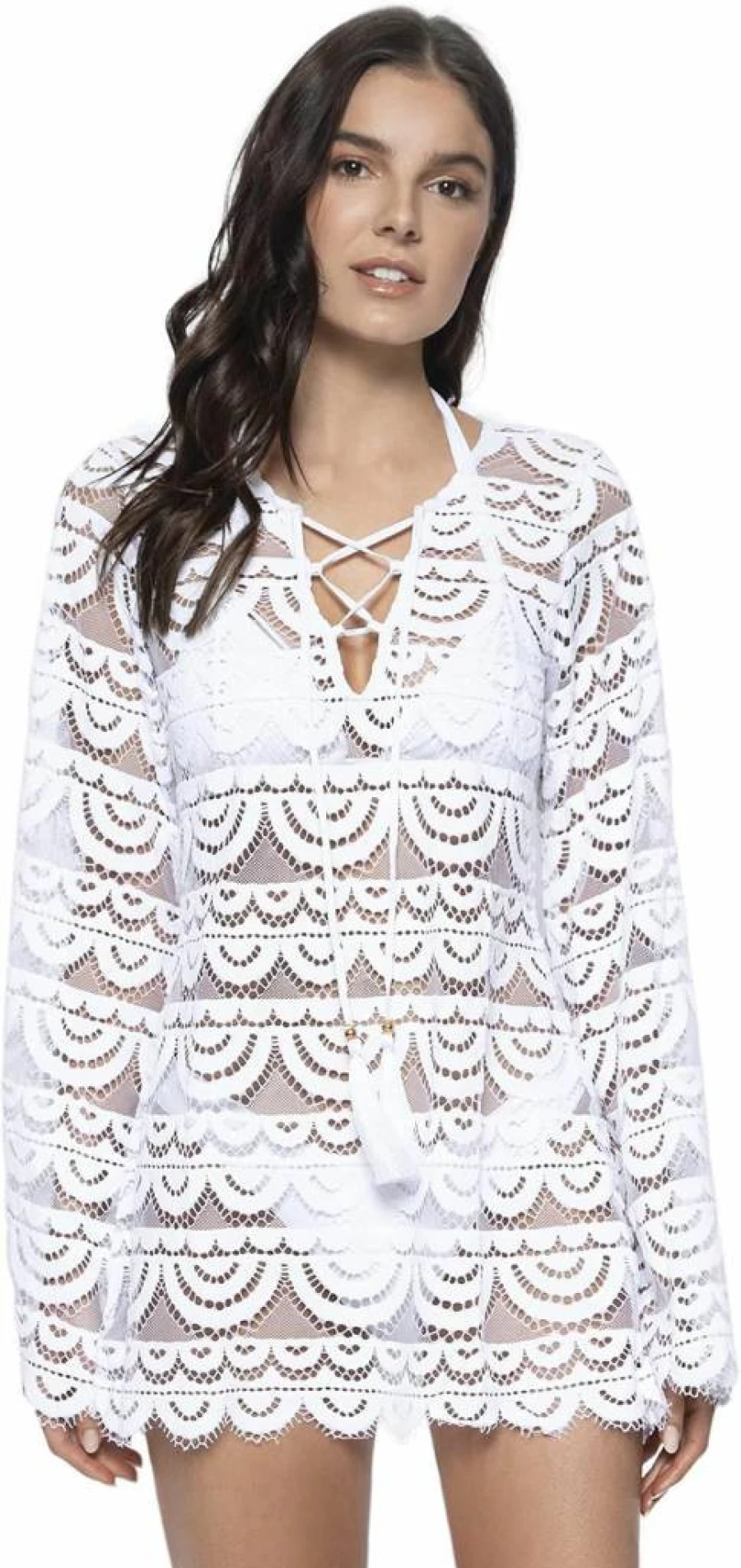 PQ Swim Women's Noah Water Lily Tunic Cover-Up - Scalloped Hem, Lace-Up Front Tie, Beachwear, Swim Cover-Up, Summer Fashion