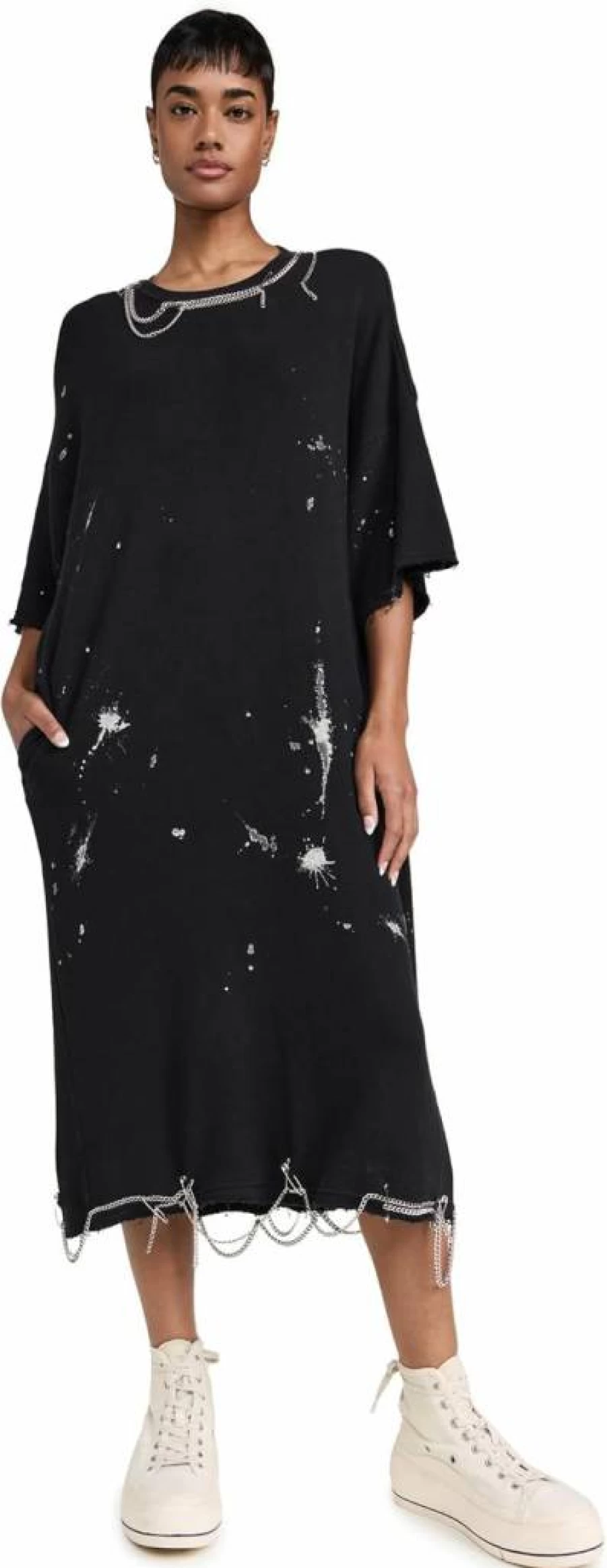 R13 Women's Oversized T-Shirt Dress with Detachable Chain Detail - Streetwear Longline Tee Dress