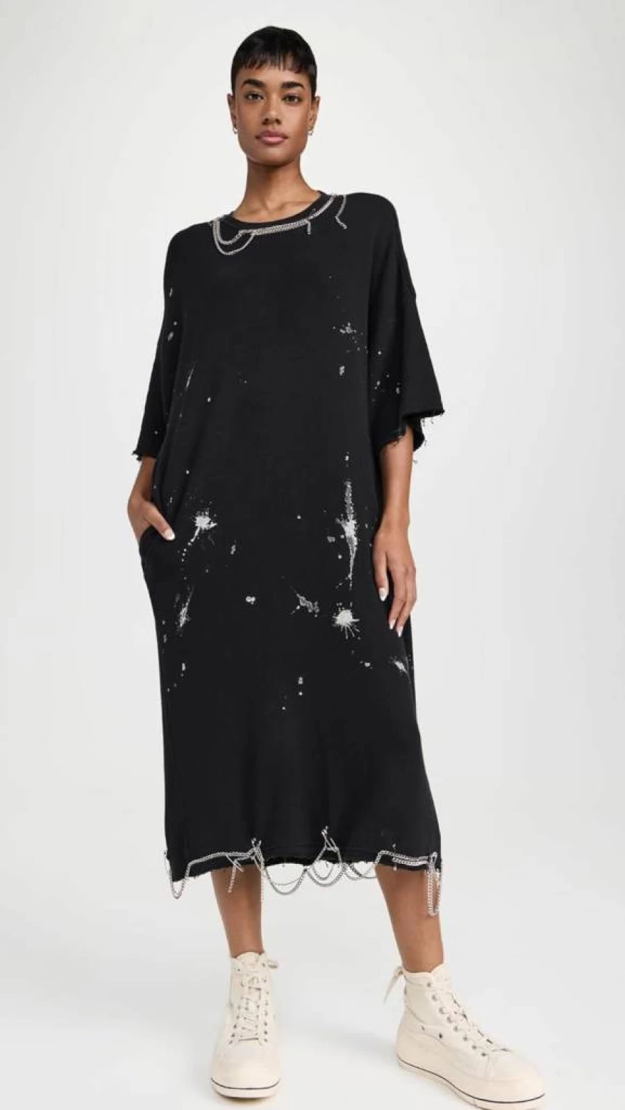 R13 Women's Oversized T-Shirt Dress with Detachable Chain Detail - Streetwear Longline Tee Dress