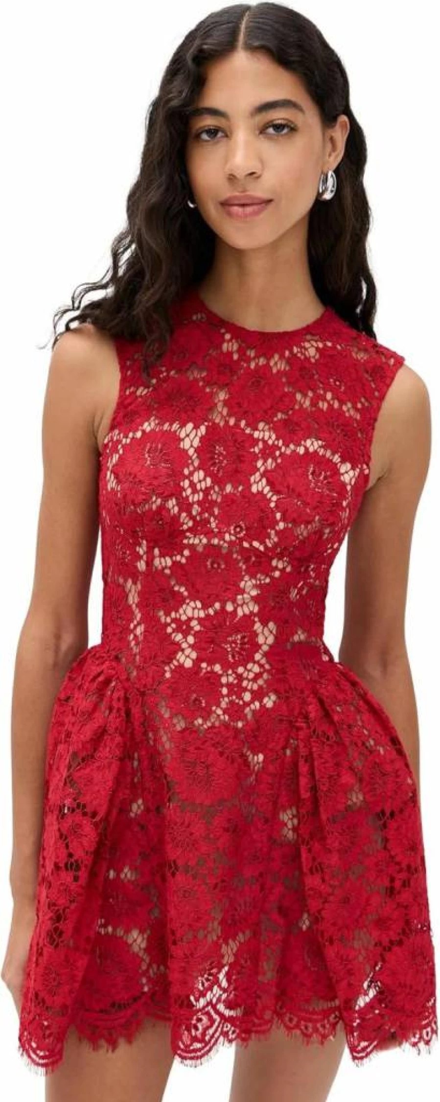 Self Portrait Women's Red Lace Mini Dress with Pearl Details - Elegant Party Gown