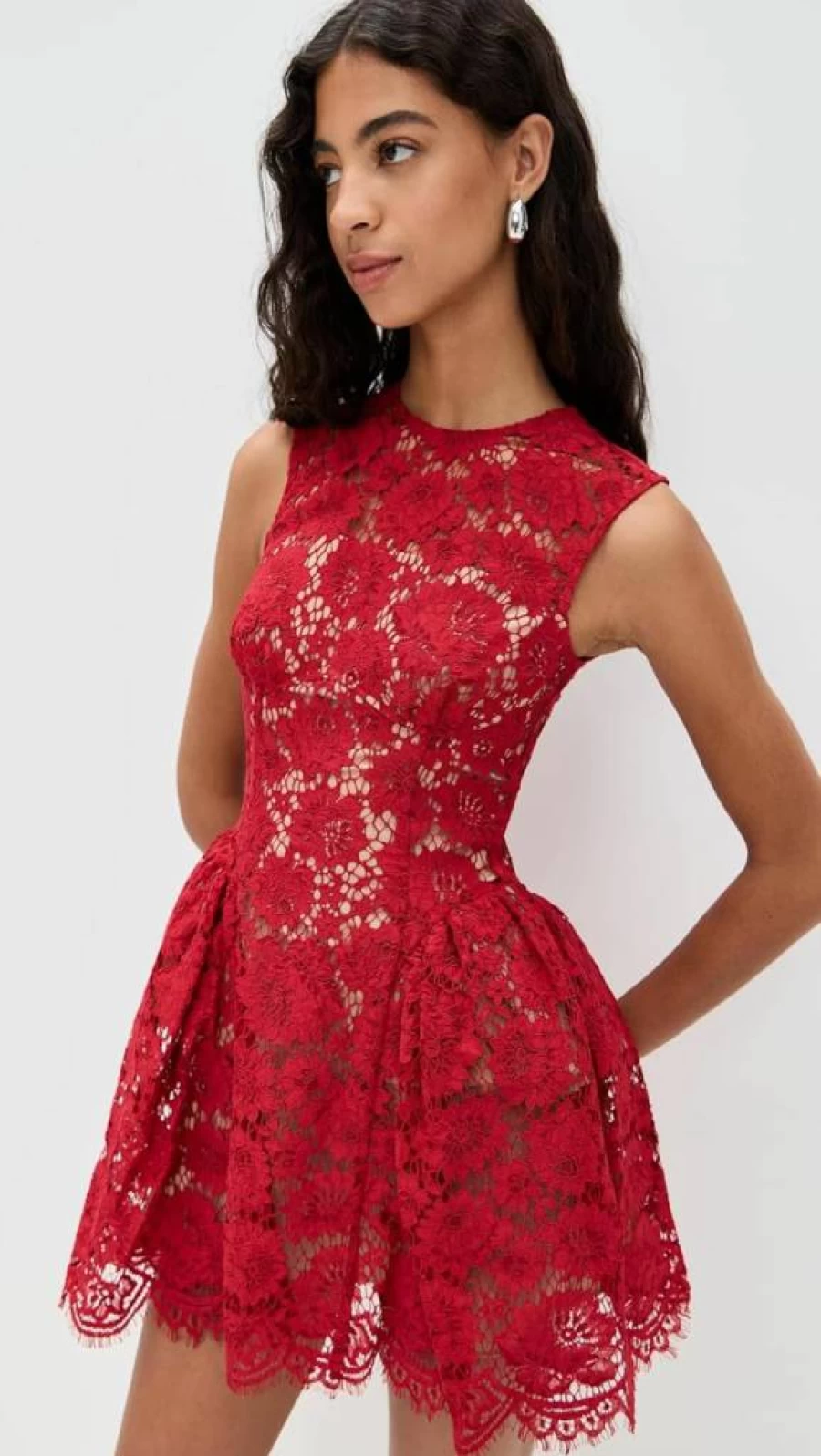 Self Portrait Women's Red Lace Mini Dress with Pearl Details - Elegant Party Gown