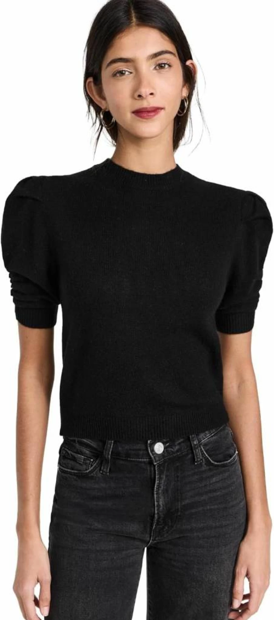 FRAME Women's Ruched Sleeve Cashmere Sweater | Luxurious Soft Knit Pullover