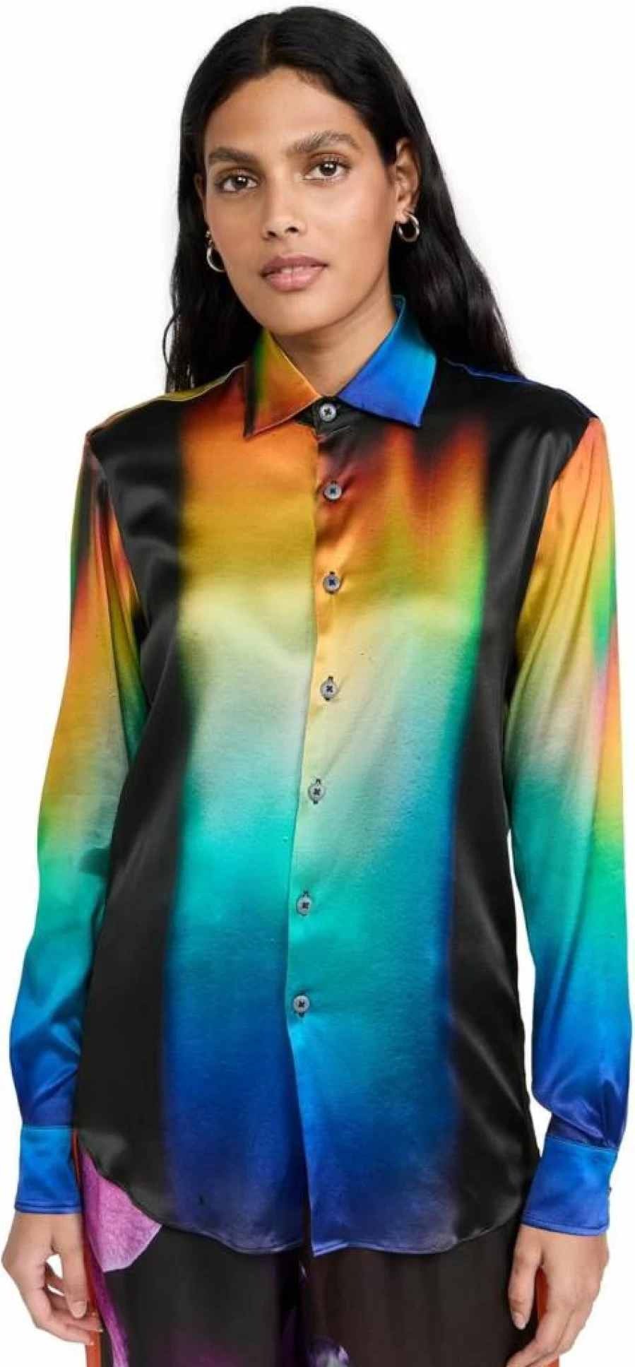 BruceGlen Women's Blue Ombre Flame Print Button-Up Shirt Casual Long Sleeve Blouse