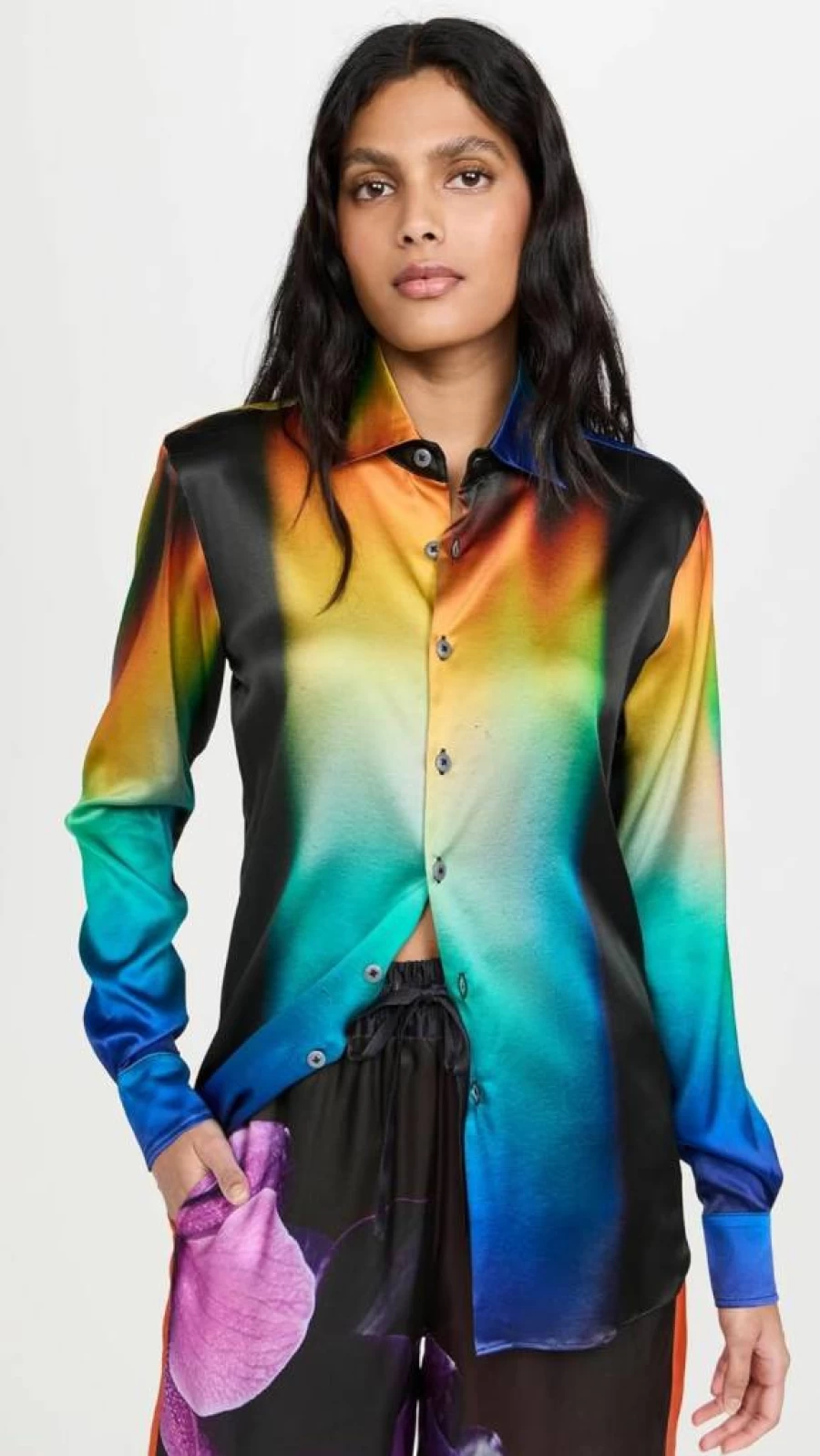 BruceGlen Women's Blue Ombre Flame Print Button-Up Shirt Casual Long Sleeve Blouse