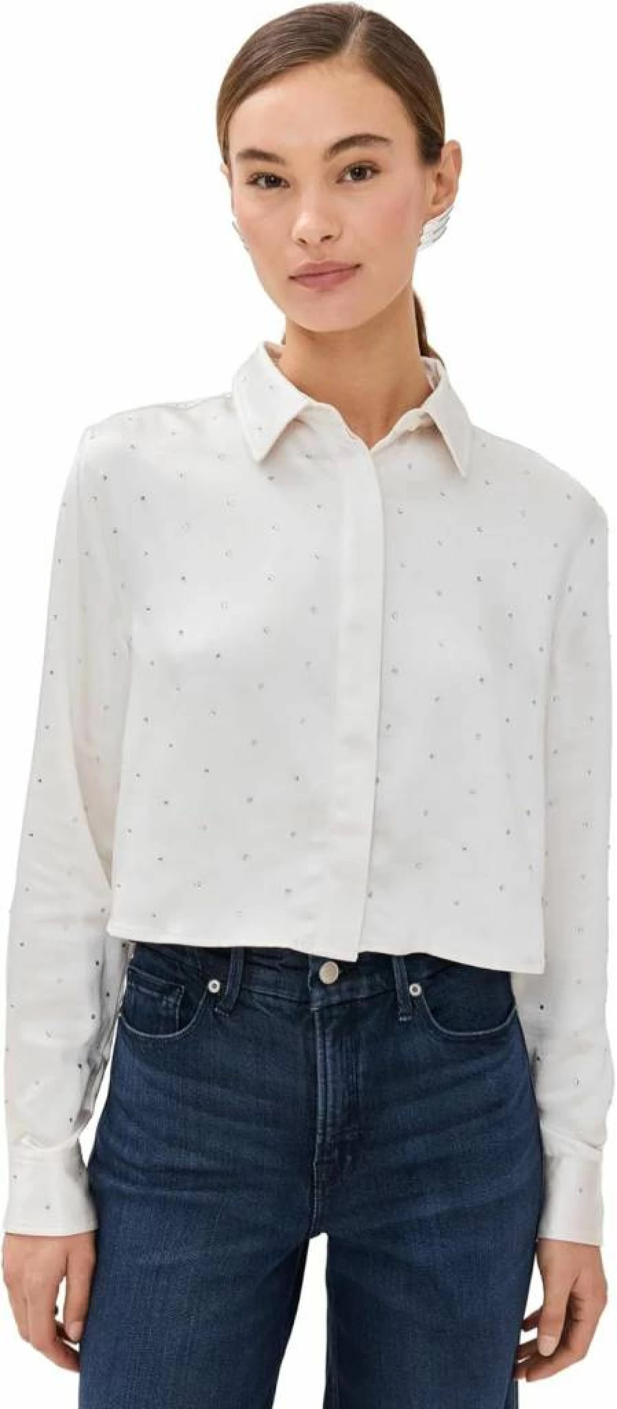Good American Women's Crystal Embellished Cropped Satin Blouse for Fashion Trends