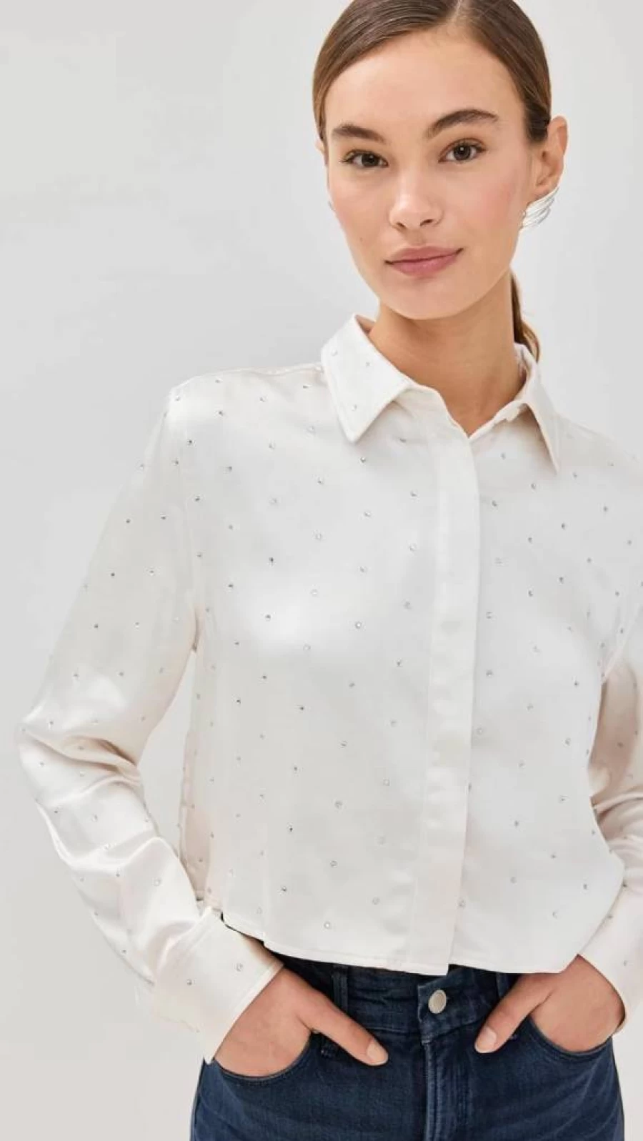 Good American Women's Crystal Embellished Cropped Satin Blouse for Fashion Trends