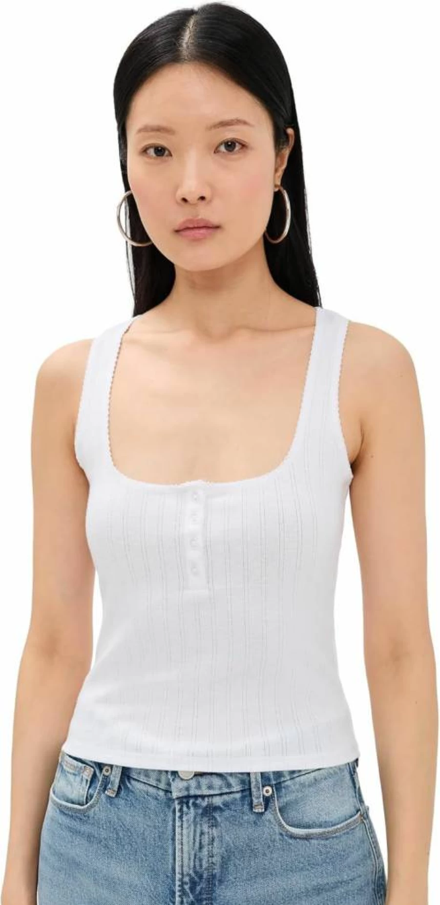 Good American Women's Pointelle Henley Tank Top - Soft Breathable Knit Casual Summer Top