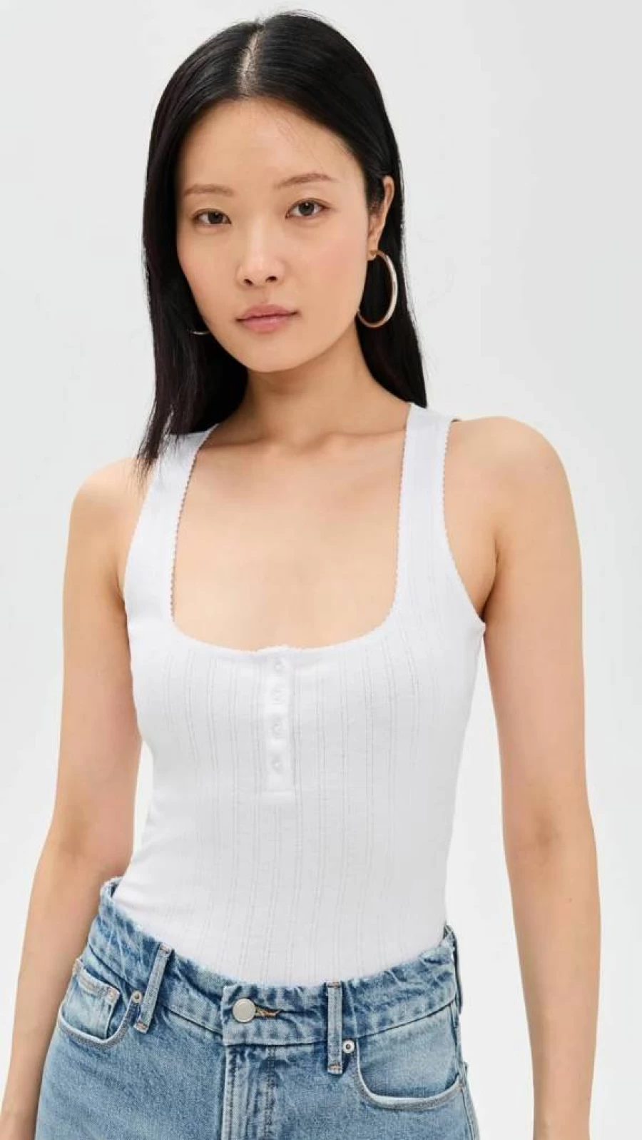 Good American Women's Pointelle Henley Tank Top - Soft Breathable Knit Casual Summer Top
