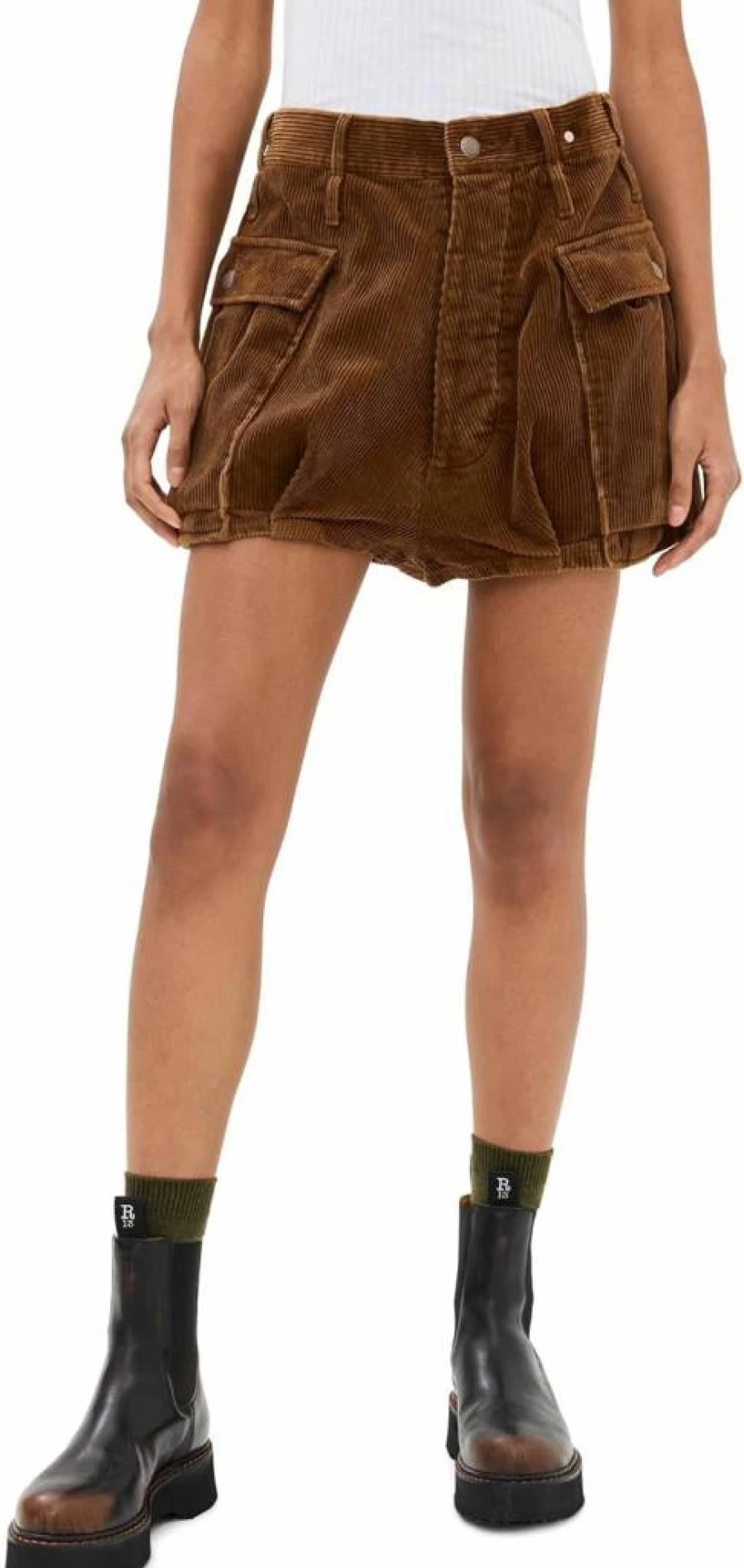 R13 Women's Corduroy Bubble Hem Mini Skirt with Shorts - Vintage High Waisted A-Line Skort