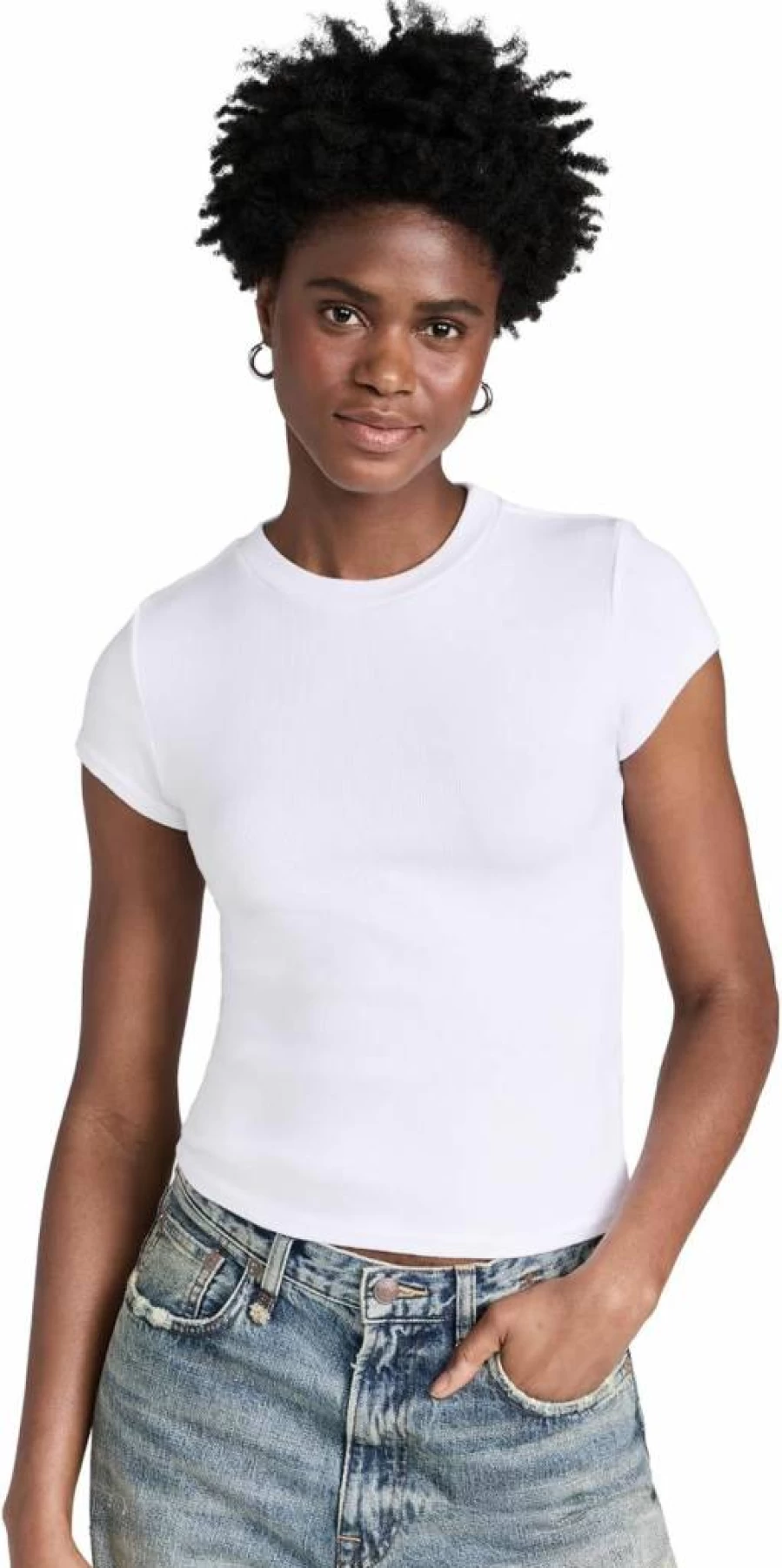 PerfectWhiteTee Women's Jude Ribbed Cropped Baby T-Shirt - Soft Stretch Fit Casual Tee
