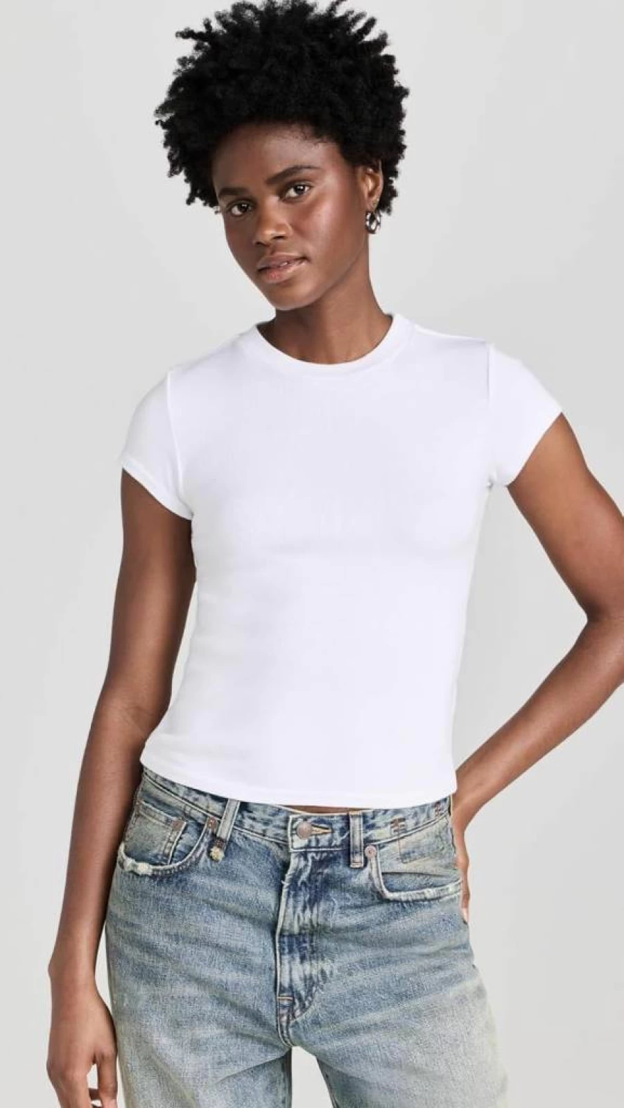 PerfectWhiteTee Women's Jude Ribbed Cropped Baby T-Shirt - Soft Stretch Fit Casual Tee
