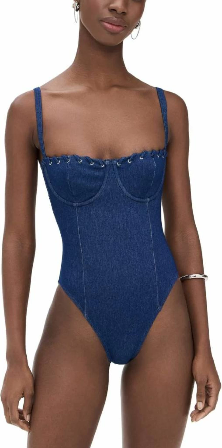 Good American Women's Square Neck Denim Jumpsuit with Support