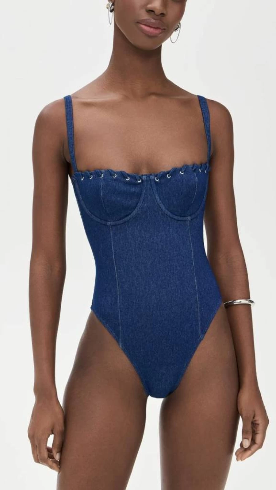 Good American Women's Square Neck Denim Jumpsuit with Support