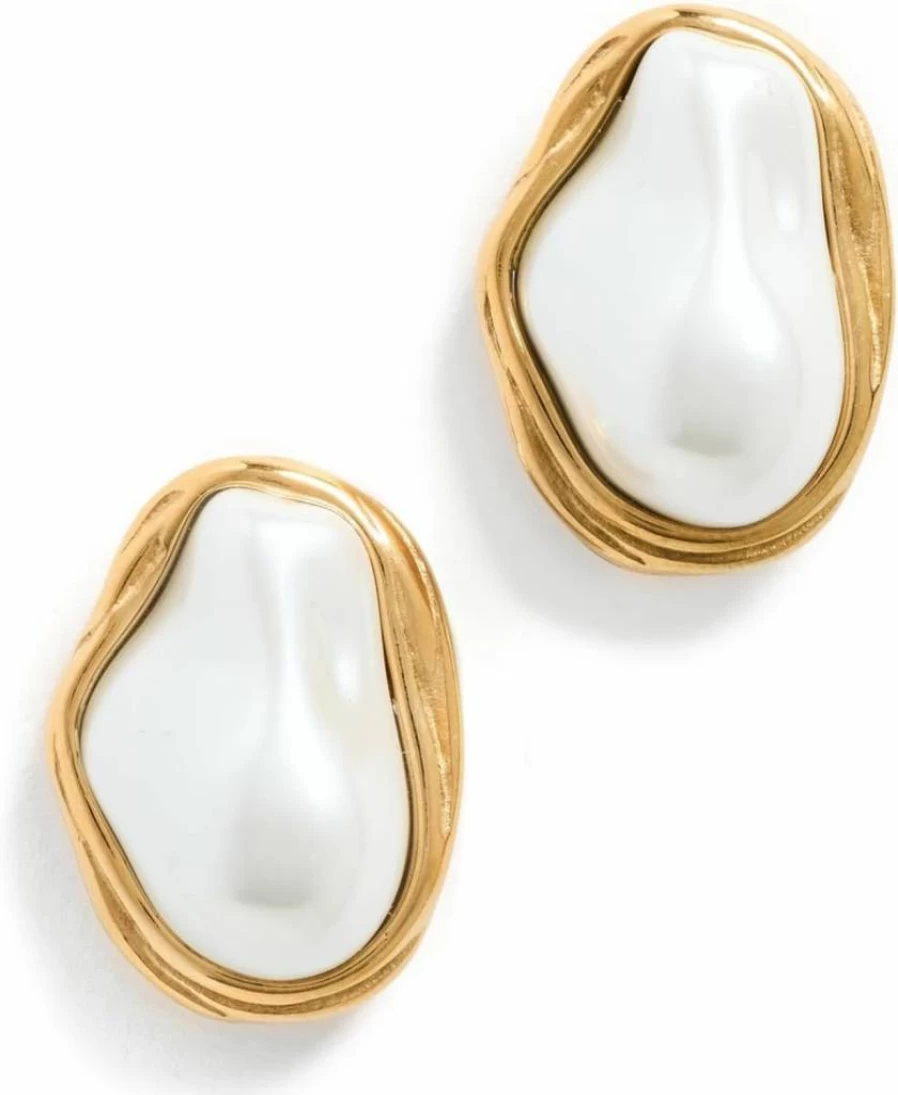 SHASHI Women's Baroque Pearl Stud Earrings - Bezel Set Vintage Style Jewelry