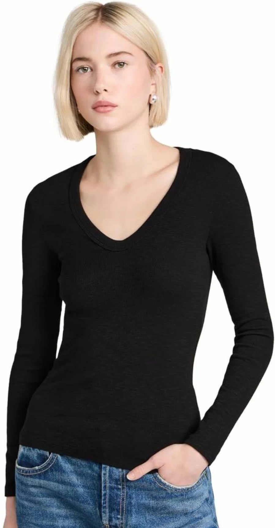 Enza Costa Women's Textured Rib Knit Top - Soft Stretch Casual Crewneck Shirt
