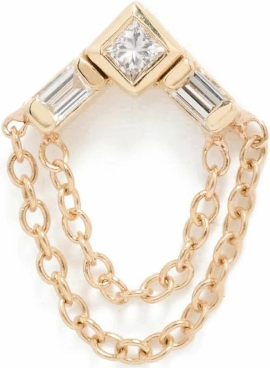 ZOE CHICCO 14K Gold Princess Cut & Baguette Diamond Earring with Double Chain Drop for Women