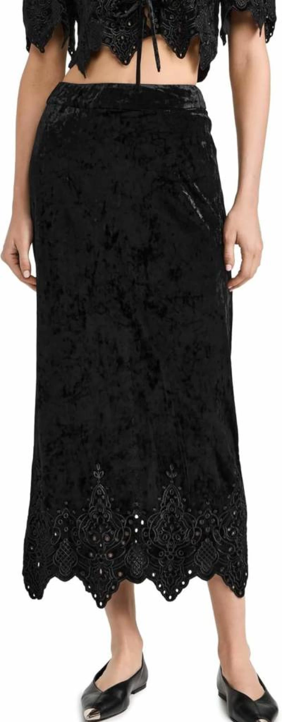 MOON RIVER Women's Velvet Midi Skirt with Eyelet Detail - Elegant H-Line Design