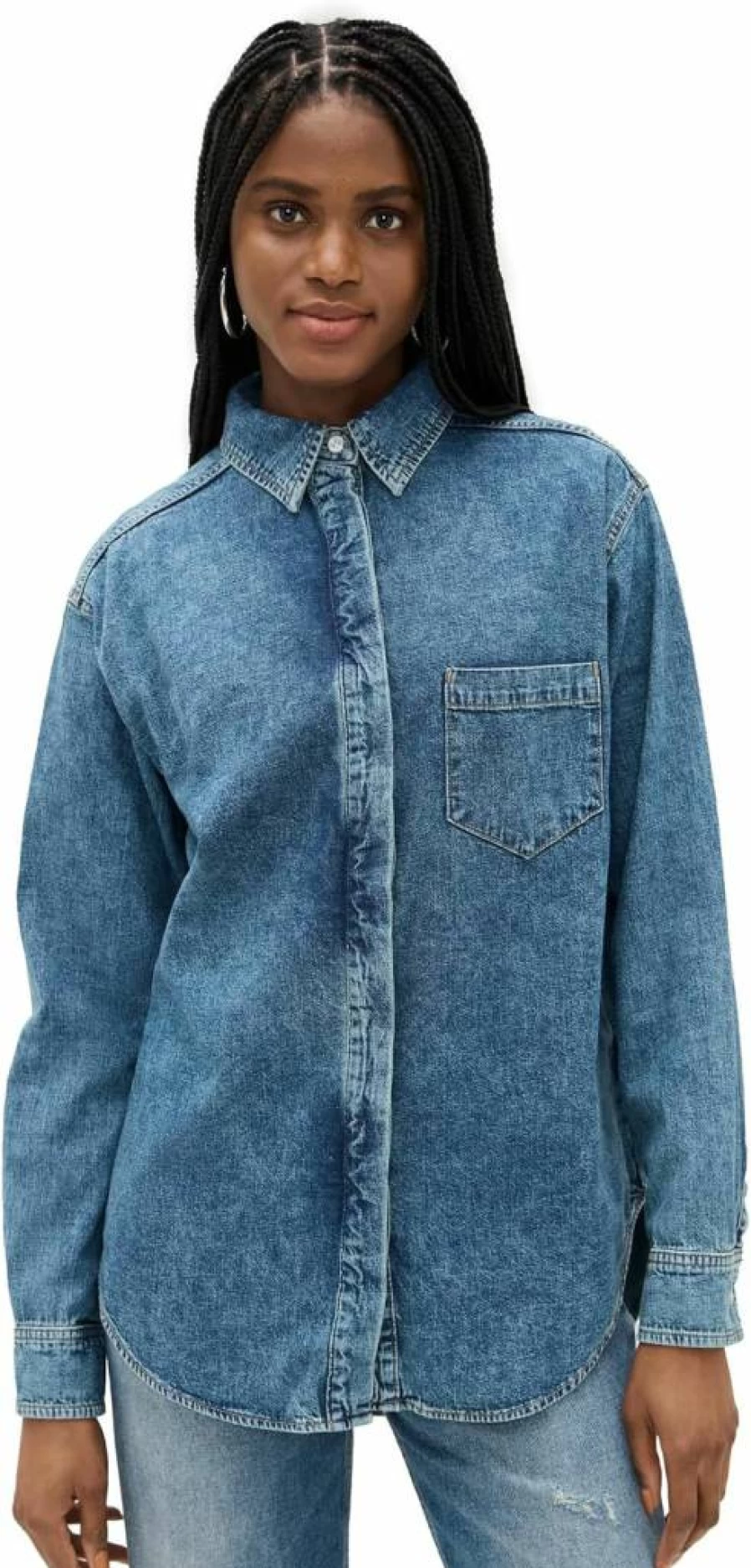 Good American Indigo762 Classic Denim Shirt for Men & Women – Vintage Washed Blue Denim Top