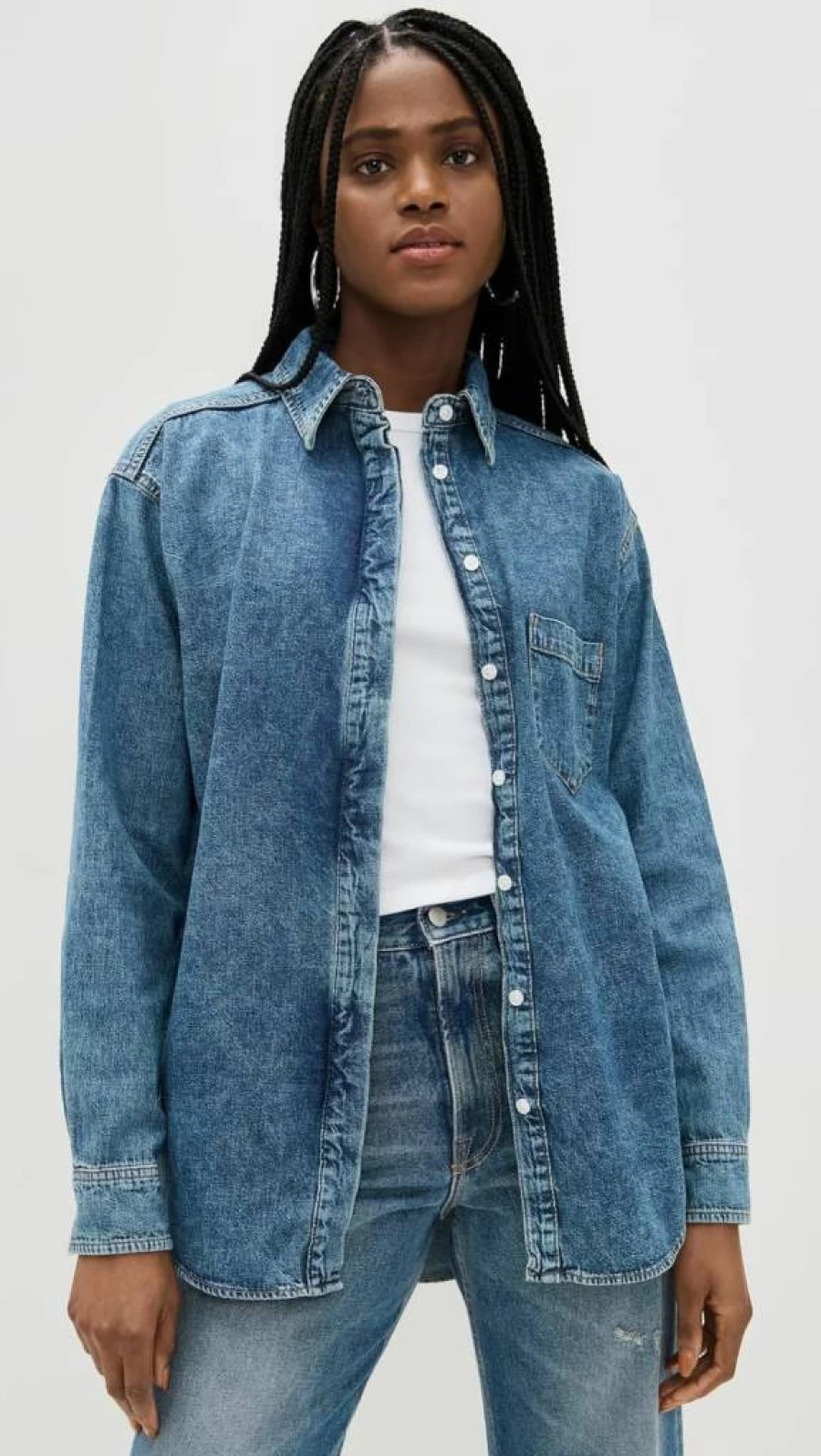 Good American Indigo762 Classic Denim Shirt for Men & Women – Vintage Washed Blue Denim Top
